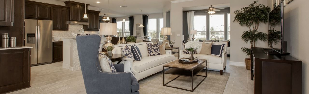 The living room in a model home built by Del Webb, a homebuilder for 55+ communities in Wilmington, NC.